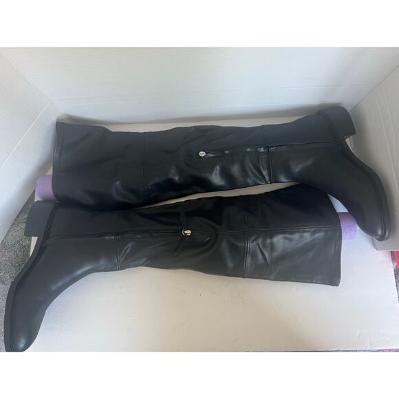 NWT Zara Tall Over The Knee Black Vegan Leather Square Toe Pull On Boots Sz 9 - Picture 5 of 15